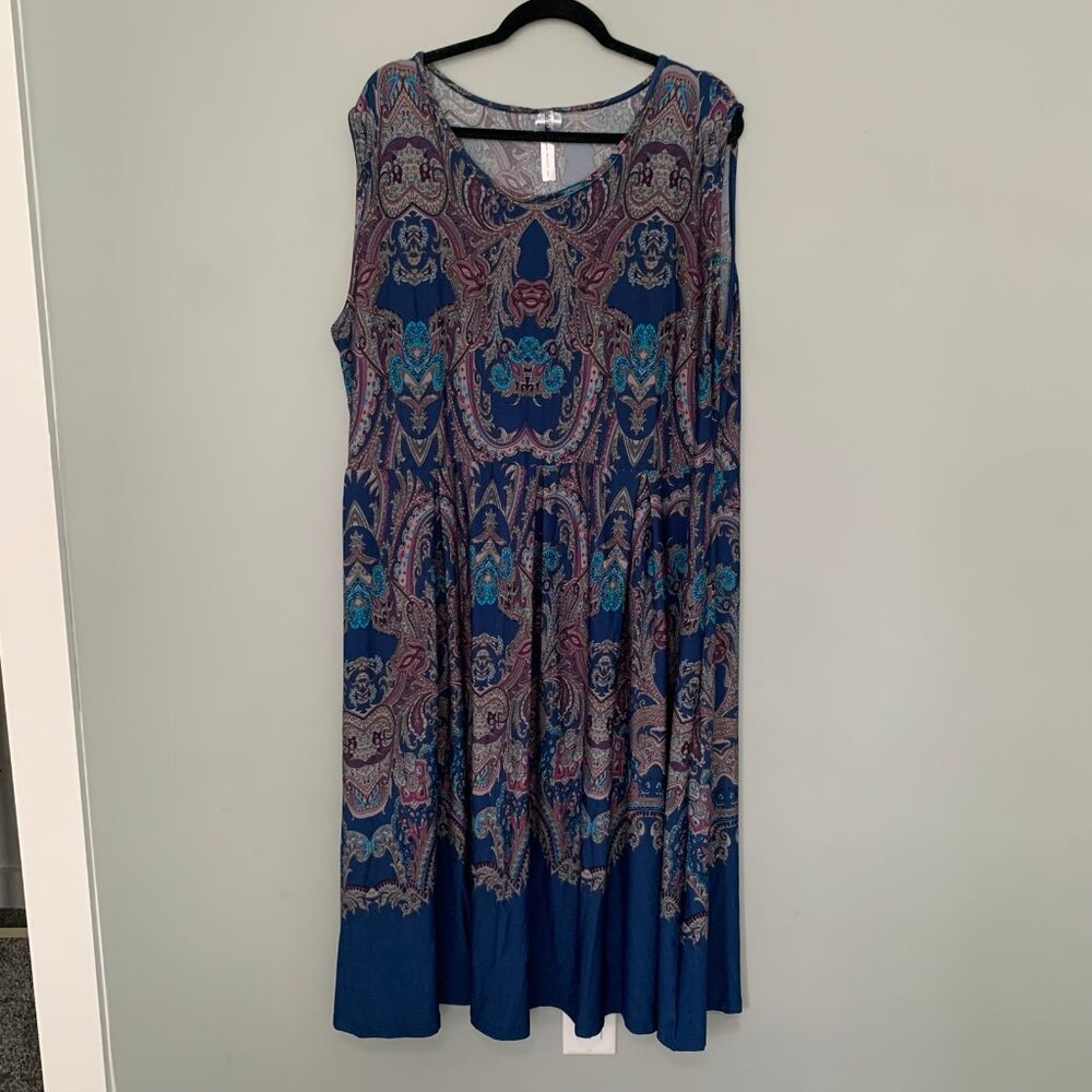 NEW Bella Berry Womens 4X Paisley Print Sleeveless Midi Dress Blue Purple Boho